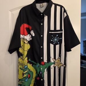 ALOHA Collection Black & White Striped Grinch Holiday Button-Down